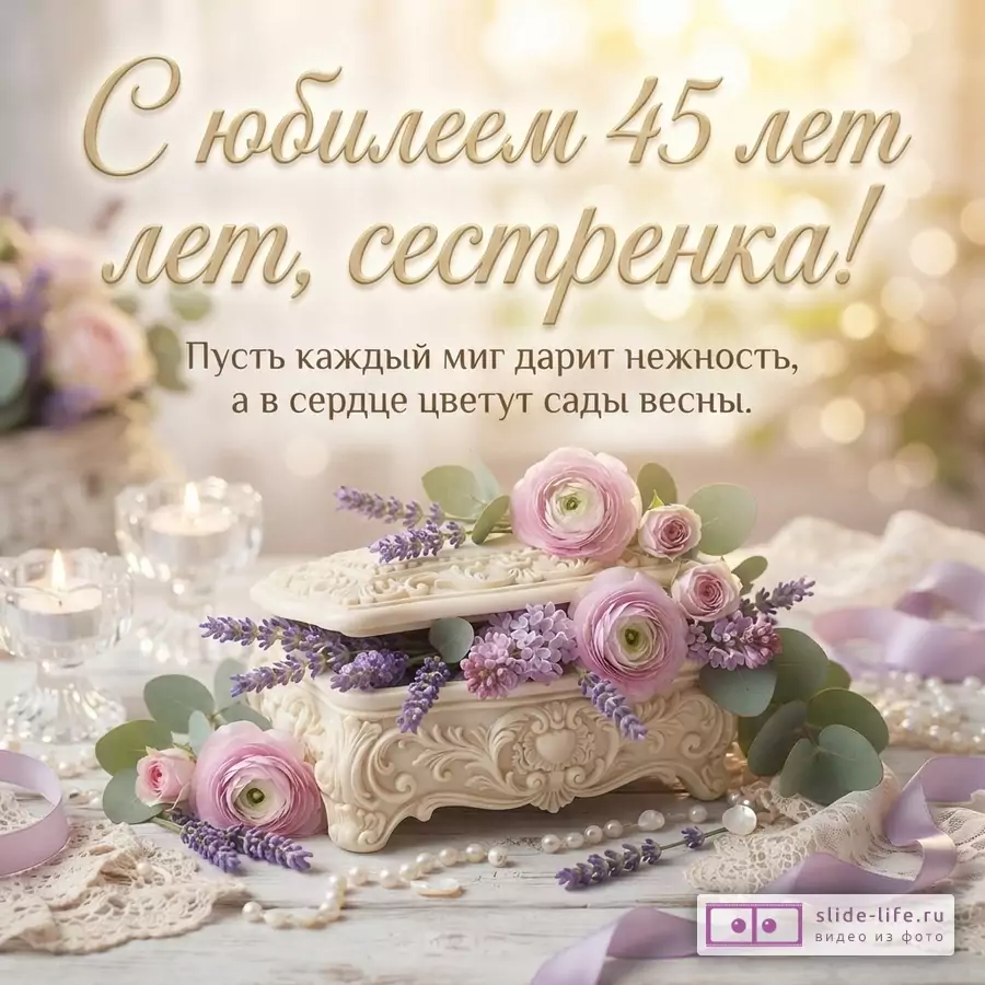 Открытка с золотым текстом на светлом фоне. Внизу белая шкатулка с розовыми цветами, лавандой и жемчугом. Текст: «С юбилеем 45 лет, сестренка! Пусть каждый миг дарит нежность, а в сердце цветут сады весны.»