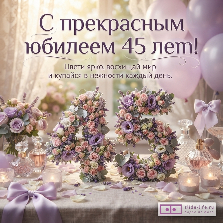 Открытка с фоном окна, светлыми шторами, сиреневыми воздушными шарами. На переднем плане на столе композиции из цветов в виде цифр «45», свечи, флаконы духов, лепестки цветов. Текст: «С прекрасным юбилеем 45 лет! Цвети ярко, восхищай мир и купайся в нежности каждый день.»