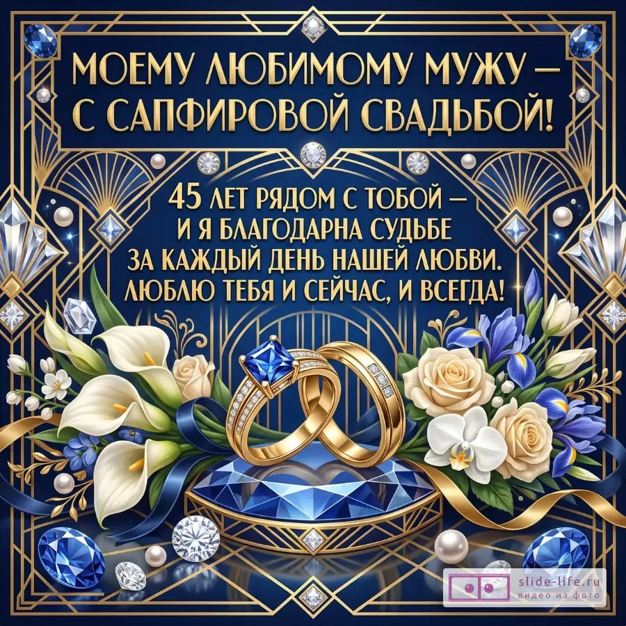 Темно-синий фон, золотой орнамент, сапфиры, кольца, цветы. Текст: «МОЕМУ ЛЮБИМОМУ МУЖУ — С САПФИРОВОЙ СВАДЬБОЙ! 45 ЛЕТ РЯДОМ С ТОБОЙ»