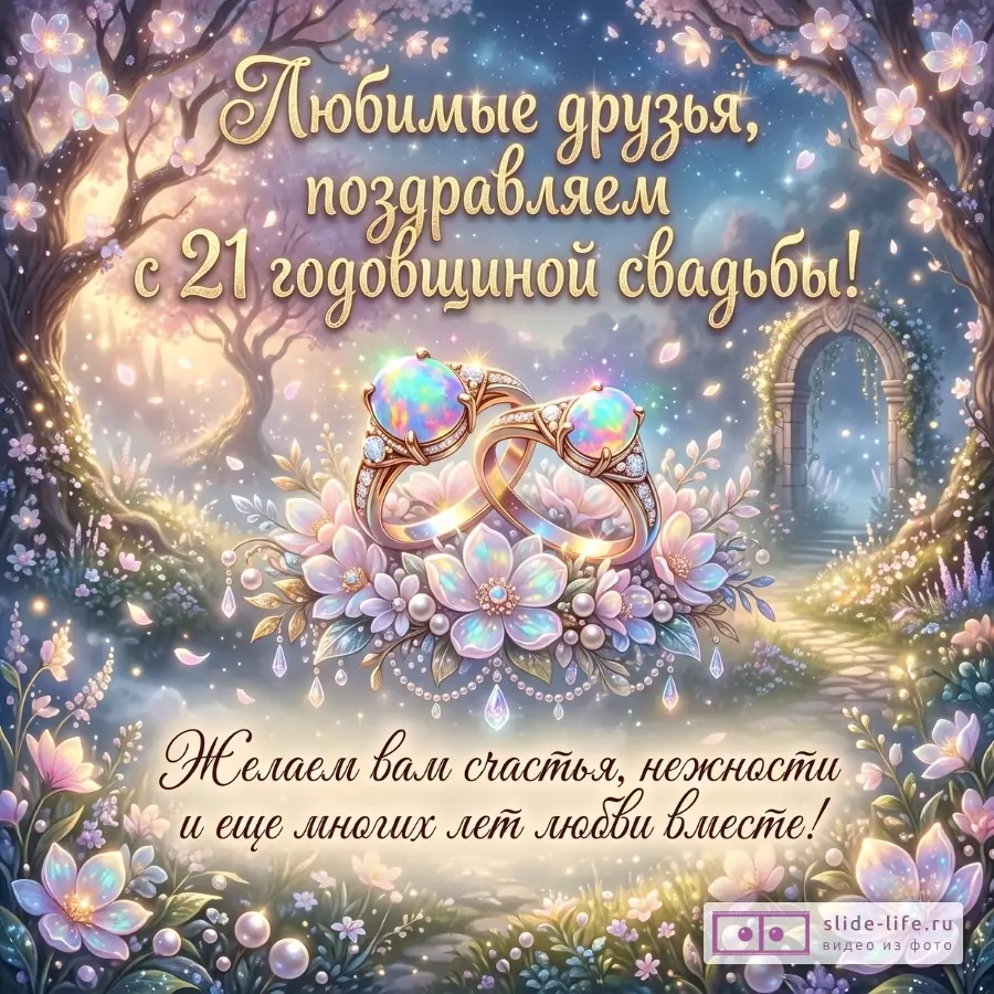 Фон в голубых, сиреневых и золотистых тонах, цветущий сказочный сад, арка, два золотых кольца с опалами, цветы. Текст: «Любимые друзья, поздравляем с 21 годовщиной свадьбы!» «Желаем вам счастья, нежности и еще многих лет любви вместе!»