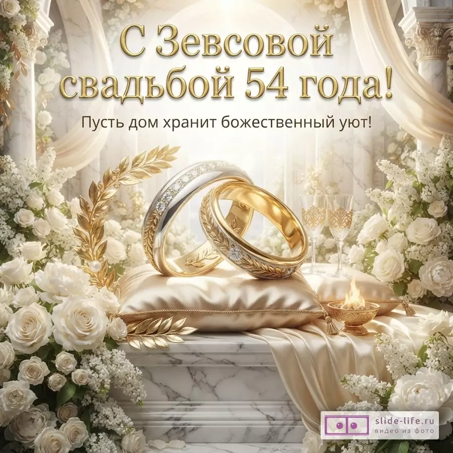 Светлый фон, белые розы, золотые листья, два обручальных кольца на подушке, бокалы. Надпись: «С Зевсовой свадьбой 54 года! Пусть дом хранит божественный уют!»