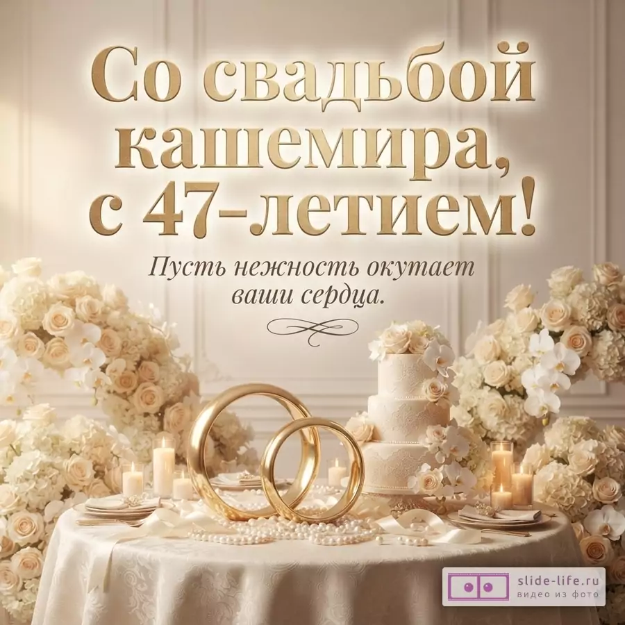Бежевый фон, золотые буквы, текст «Со свадьбой кашемира, с 47-летием! Пусть нежность окутает ваши сердца.», свадебный торт, золотые кольца, свечи, цветы.
