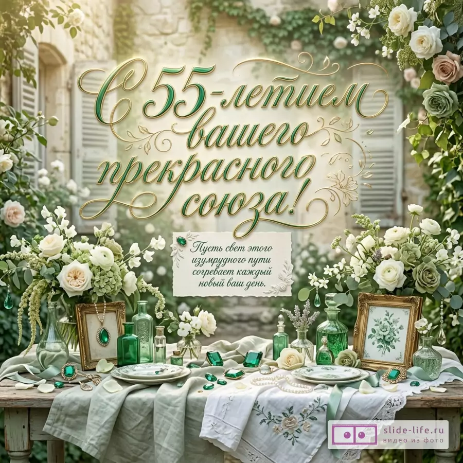 Открытка в зелёно-кремовых тонах, цветы, розы, стеклянные бутылочки, тарелки, рамки, изумрудные камни, жемчуг, текст «С 55-летием вашего прекрасного союза!», «Пусть свет этого изумрудного пути согревает каждый новый ваш день.»