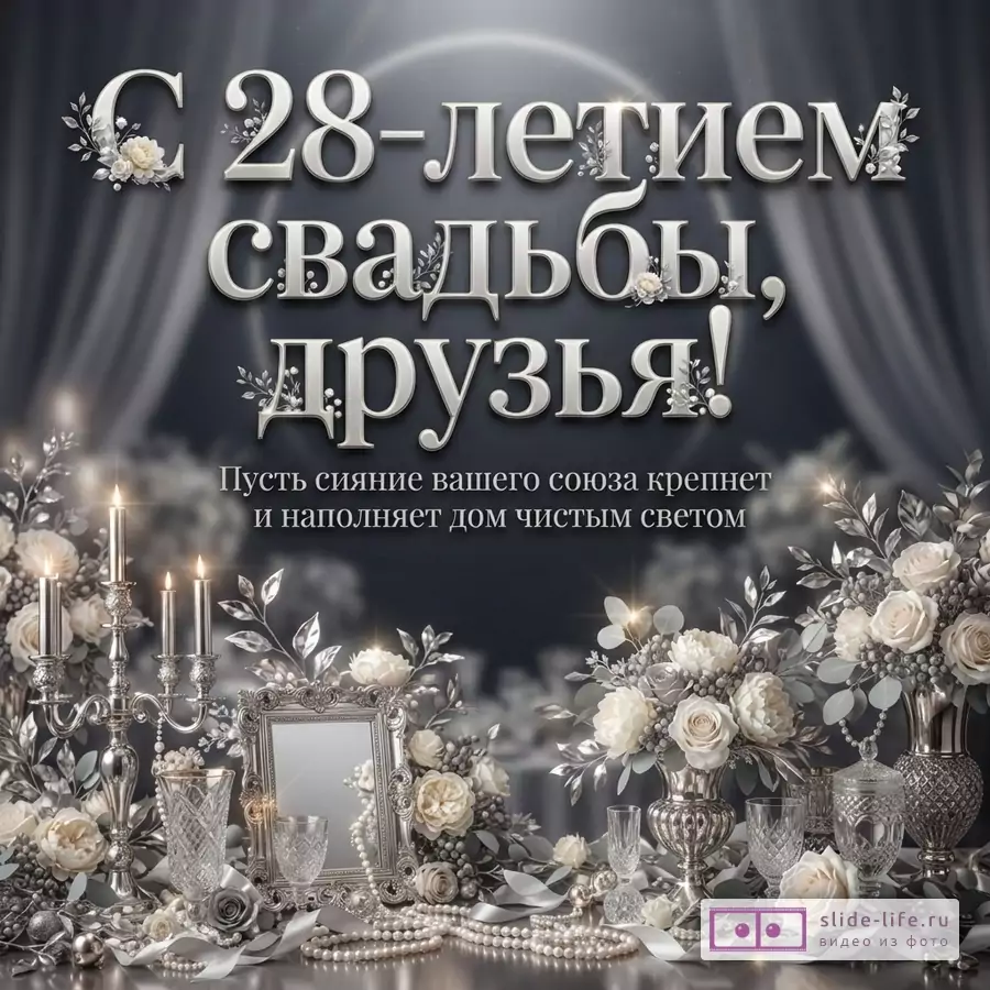 Открытка с серым фоном, белыми цветами и свечами. Текст: «С 28-летием свадьбы, друзья! Пусть сияние вашего союза крепнет и наполняет дом чистым светом»