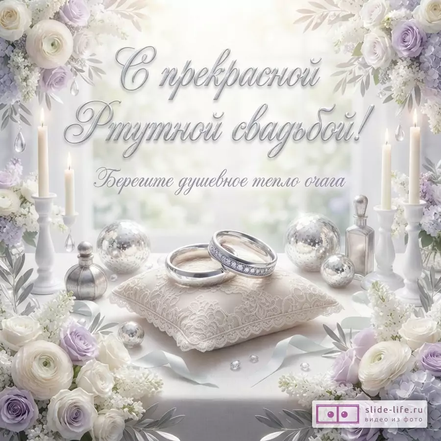 Открытка с белым фоном, по углам букеты сиреневых и белых цветов. В центре столик с двумя серебряными кольцами на подушечке, свечи в подсвечниках, серебряные шары. Текст «С прекрасной Ртутной свадьбой! Берегите душевное тепло очага»