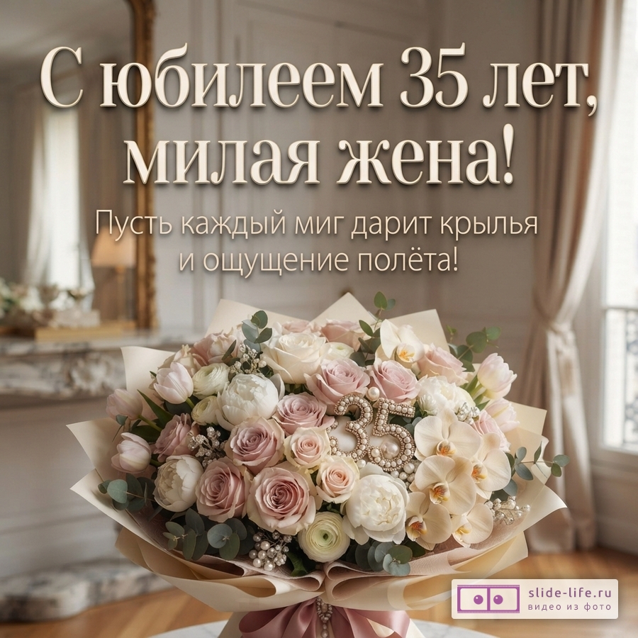 Открытка с бежевым фоном и букетом цветов. Текст «С юбилеем 35 лет, милая жена! Пусть каждый миг дарит окрыление.»