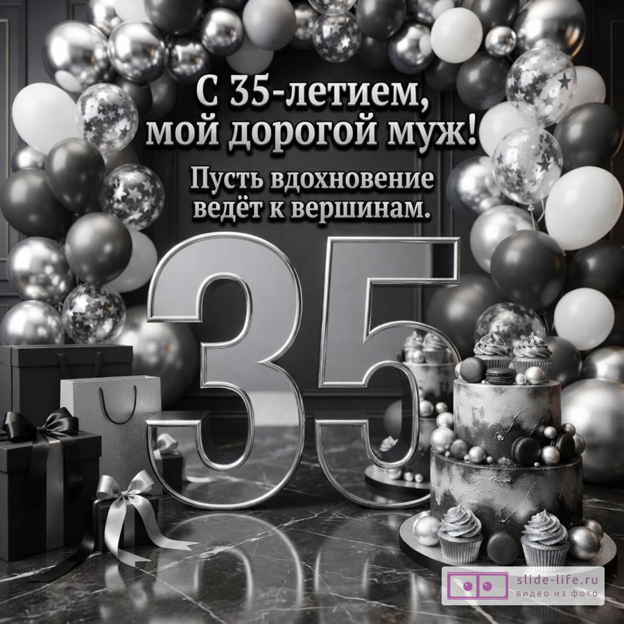 Объемная серебристая цифра 35, торт, подарки и арка из черно-белых шаров с надписью «С 35-летием, мой дорогой муж! Пусть вдохновение ведёт к вершинам.»