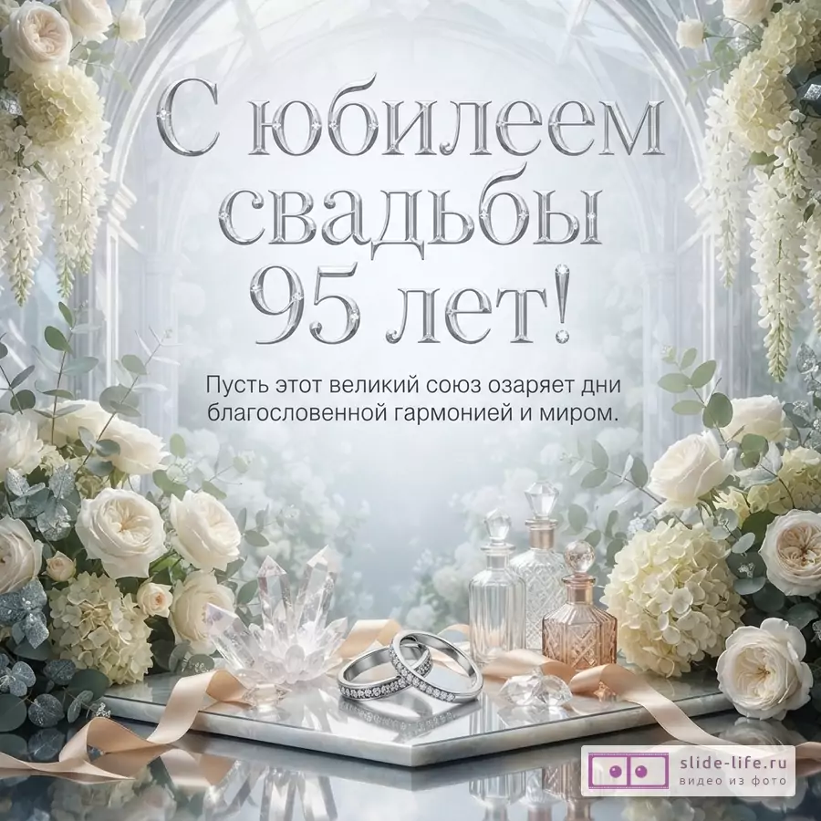 Серебряные обручальные кольца, хрусталь и белые розы на фоне светлой арки с текстом «С юбилеем свадьбы 95 лет! Пусть этот великий союз озаряет дни благословенной гармонией и миром.»