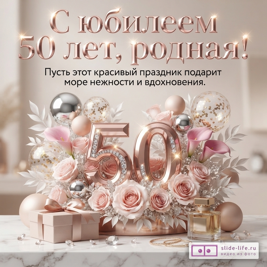 Открытка с бежевым фоном, надпись «С юбилеем 50 лет, родная! Пусть этот красивый праздник подарит море нежности и вдохновения.». Внизу композиция из розовых роз, калл, шаров, цифр «50» с камнями, подарочной коробки и флакона духов.