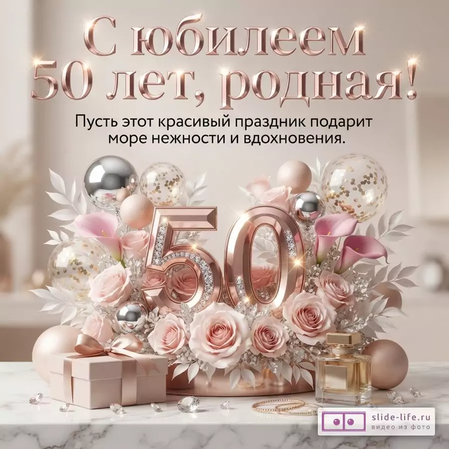 Открытка с бежевым фоном, надпись «С юбилеем 50 лет, родная! Пусть этот красивый праздник подарит море нежности и вдохновения.». Внизу композиция из розовых роз, калл, шаров, цифр «50» с камнями, подарочной коробки и флакона духов.