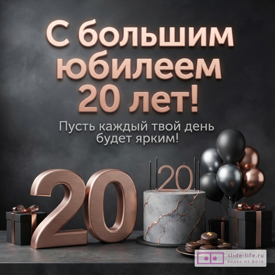 Темный фон, золотистые буквы. Текст: «С большим юбилеем 20 лет! Пусть каждый твой день будет ярким!». Золотистые цифры «20», торт с цифрой «20» и свечами, черные и золотистые шары, подарки, макаруны.