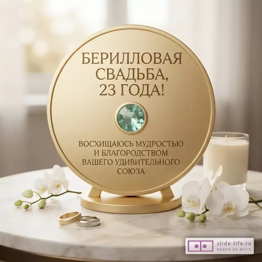 Золотой памятный диск со вставкой из зеленого берилла, обручальные кольца и белые орхидеи на мраморном столе с текстом «БЕРИЛЛОВАЯ СВАДЬБА, 23 ГОДА!»