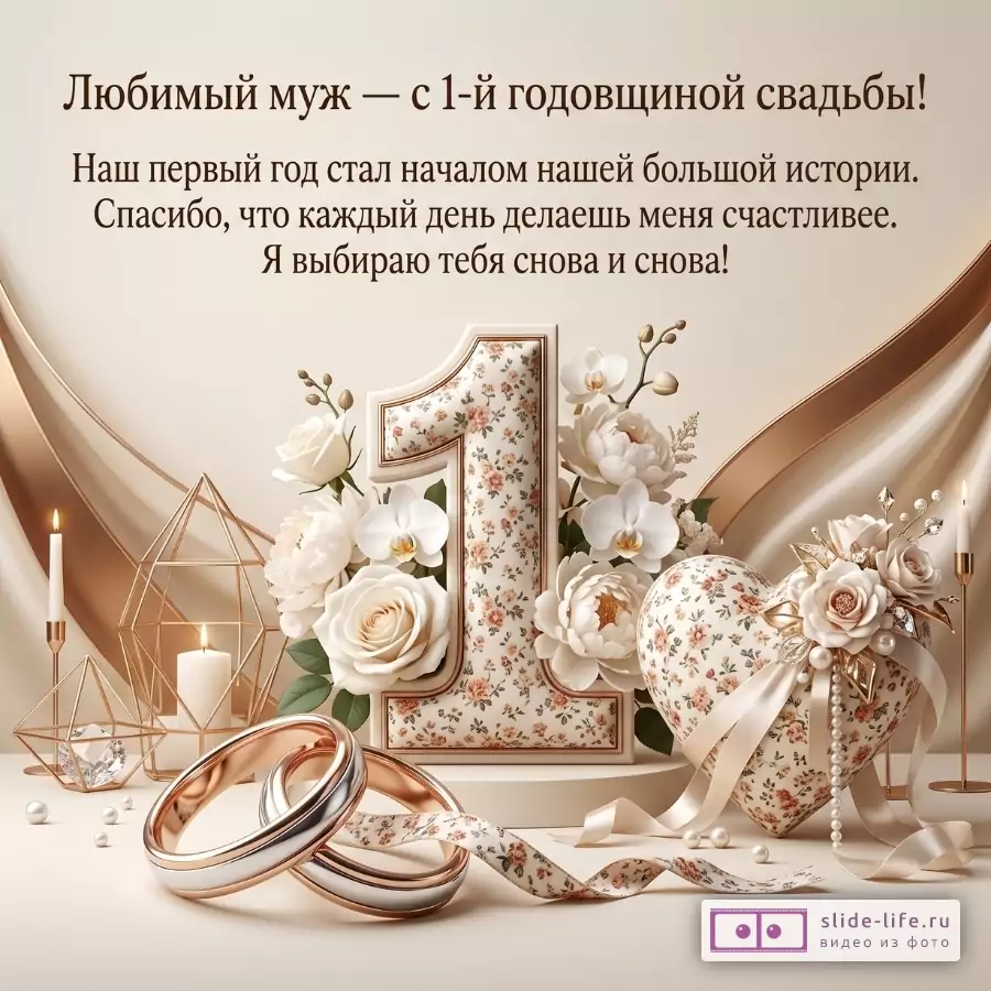С 1 годовщиной свадьбы, любимый муж — красивая открытка от жены