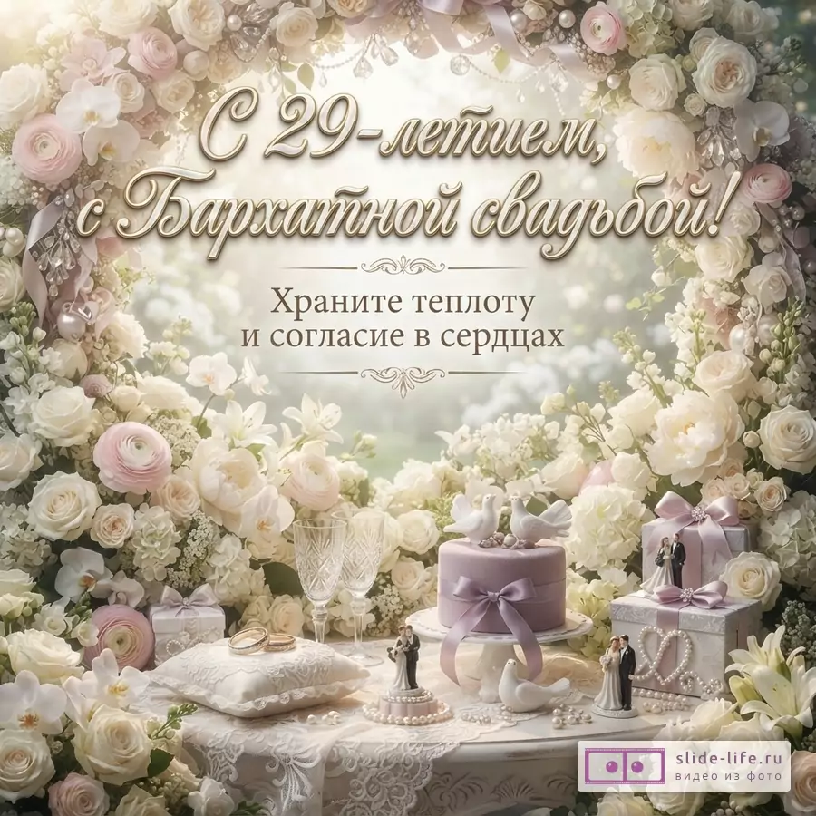 Открытка с бежево-розовыми цветами и свадебными атрибутами. В центре надпись «С 29-летием, с Бархатной свадьбой!» и «Храните теплоту и согласие в сердцах».