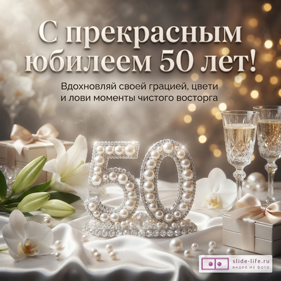 Открытка с фоном боке, белыми цветами, бокалами шампанского, подарками и цифрами «50» из жемчуга. Текст: «С прекрасным юбилеем 50 лет! Вдохновляй своей грацией, цвети и лови моменты чистого восторга»