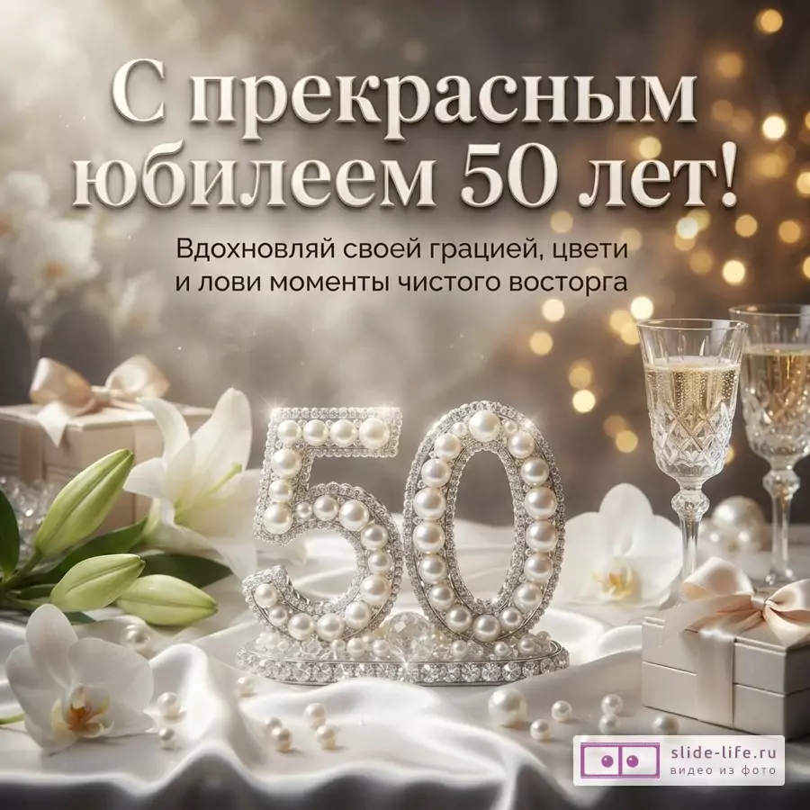 Открытка с фоном боке, белыми цветами, бокалами шампанского, подарками и цифрами «50» из жемчуга. Текст: «С прекрасным юбилеем 50 лет! Вдохновляй своей грацией, цвети и лови моменты чистого восторга»