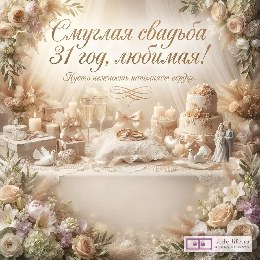 Бежево-золотая свадебная открытка с цветами, свечами, тортом, кольцами, голубями и текстом «Смуглая свадьба 31 год, любимая! Пусть нежность наполняет сердце.»