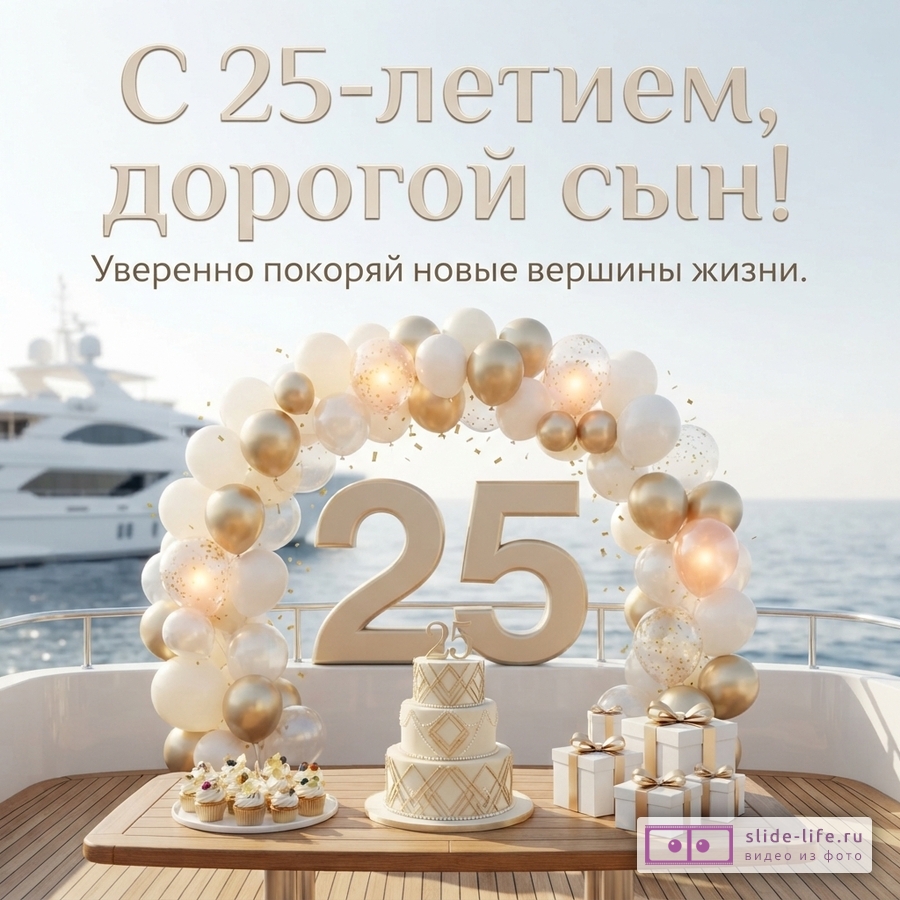 Палуба яхты с праздничным столом, тортом, подарками, аркой из белых и золотых шаров и цифрой 25 с надписью «С 25-летием, дорогой сын! Уверенно покоряй новые вершины жизни.»