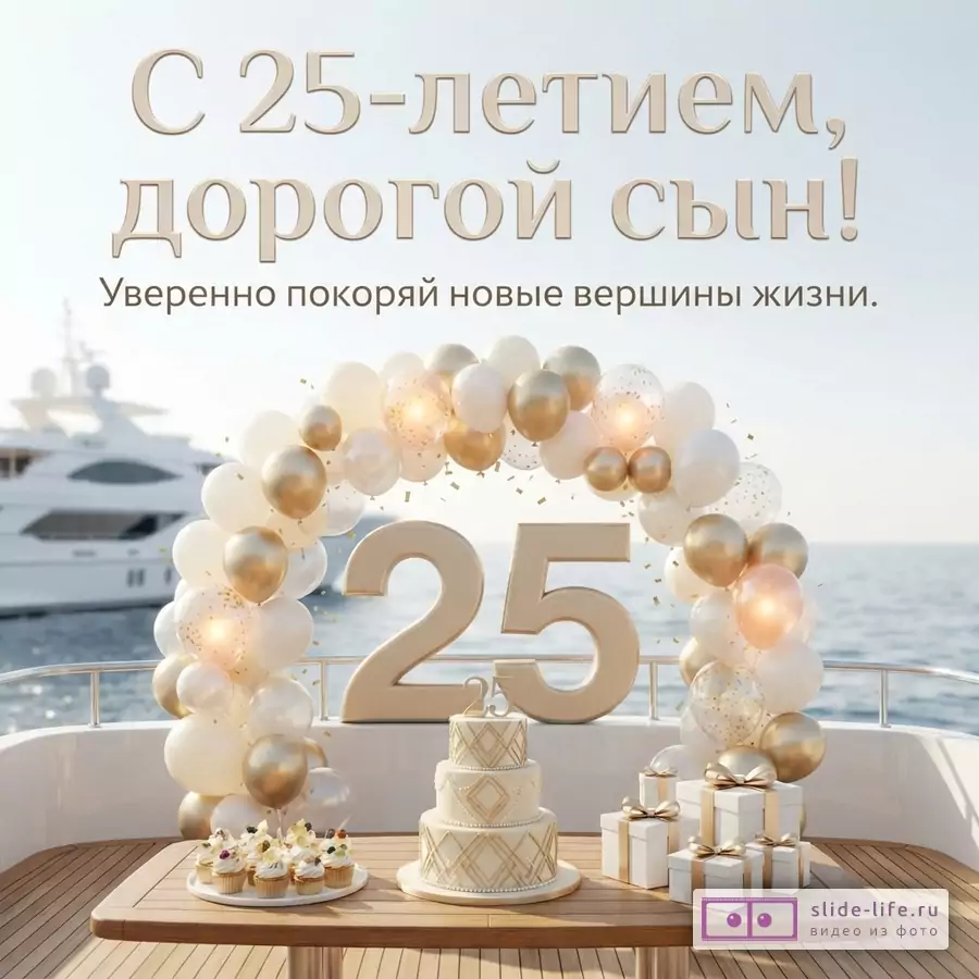 Палуба яхты с праздничным столом, тортом, подарками, аркой из белых и золотых шаров и цифрой 25 с надписью «С 25-летием, дорогой сын! Уверенно покоряй новые вершины жизни.»