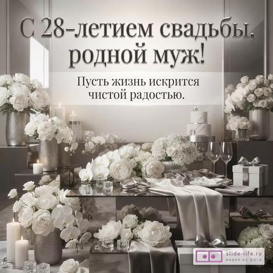 Открытка с белыми цветами, свечами и серебристыми элементами на сером фоне. Текст: «С 28-летием свадьбы, родной муж! Пусть жизнь искрится чистой радостью.»