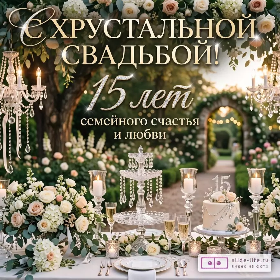 Поздравительная открытка на 15 годовщину свадьбы — хрустальная свадьба