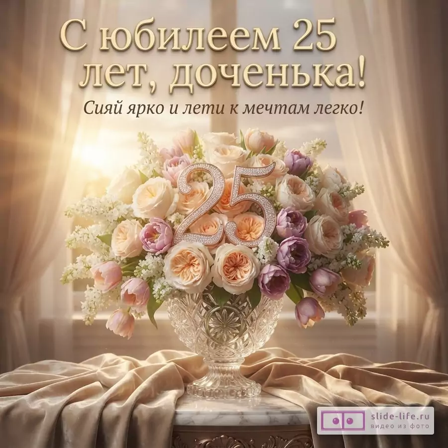 Бежевый фон с занавесками, букет роз и тюльпанов в вазе, крупная цифра 25, текст «С юбилеем 25 лет, доченька! Сияй ярко и лети к мечтам легко!»