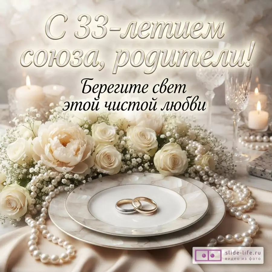 Бежевый фон, белые розы, жемчуг, свечи, бокалы, обручальные кольца на тарелке. Текст: «С 33-летием союза, родители! Берегите свет этой чистой любви»