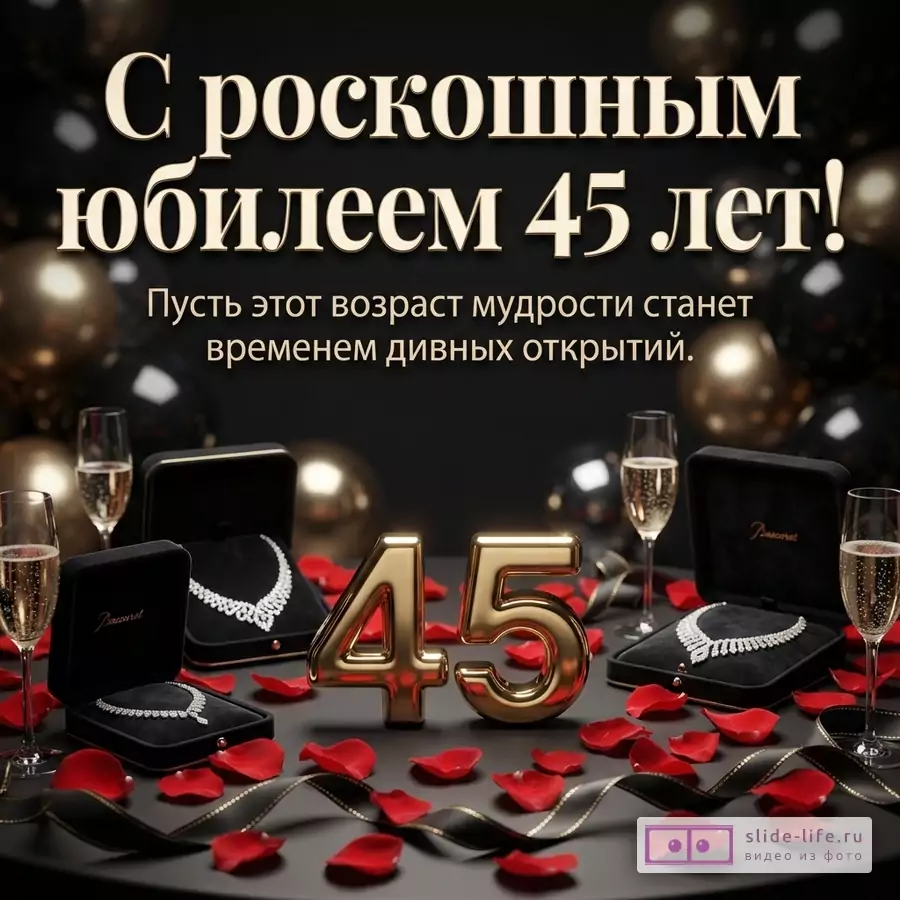 Черный фон, золотые и черные шары, бокалы с шампанским, открытые черные коробочки с колье, красные лепестки роз, золотые цифры «45». Текст: «С роскошным юбилеем 45 лет! Пусть этот возраст мудрости станет временем дивных открытий.»