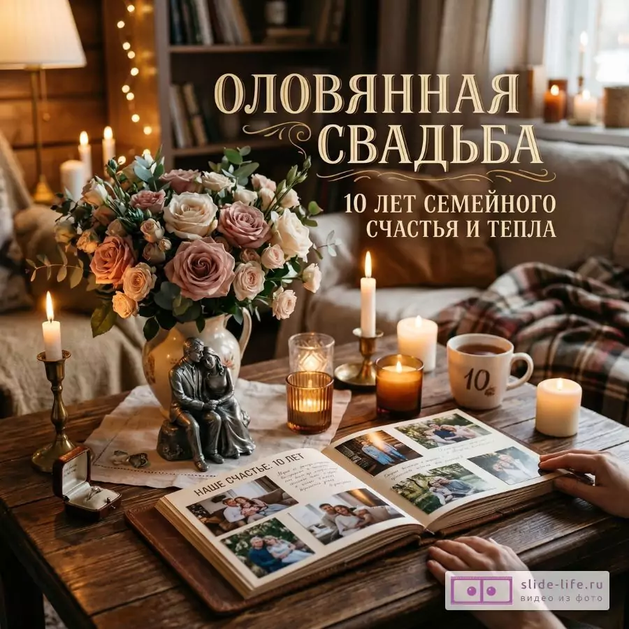 Бежево-коричневый интерьер с теплым светом свечей, букетом роз, фотоальбомом и кружкой. Текст: «ОЛОВЯННАЯ СВАДЬБА», «10 ЛЕТ СЕМЕЙНОГО СЧАСТЬЯ И ТЕПЛА».