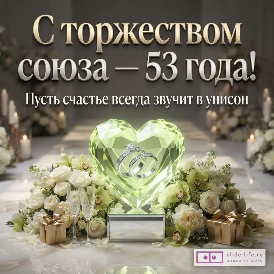 Темный фон, золотые буквы, белые буквы. Текст: «С торжеством союза — 53 года! Пусть счастье всегда звучит в унисон». Внизу зеленое сердце из кристаллов, внутри два кольца, вокруг белые и зеленые цветы, две подарочные коробки, два бокала.