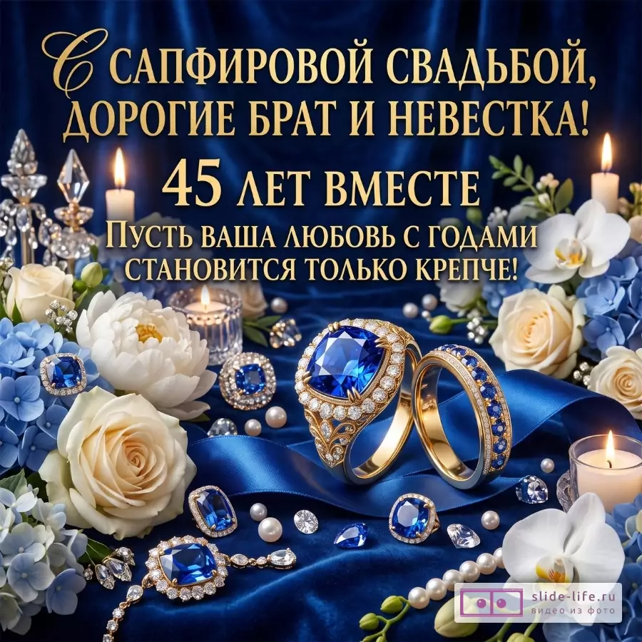 Тёмно-синий бархатный фон, золотые кольца с сапфирами, свечи, белые и голубые цветы; текст «С САПФИРОВОЙ СВАДЬБОЙ, ДОРОГИЕ БРАТ И НЕВЕСТКА! 45 ЛЕТ ВМЕСТЕ ПУСТЬ ВАША ЛЮБОВЬ С ГОДАМИ СТАНОВИТСЯ ТОЛЬКО КРЕПЧЕ!»