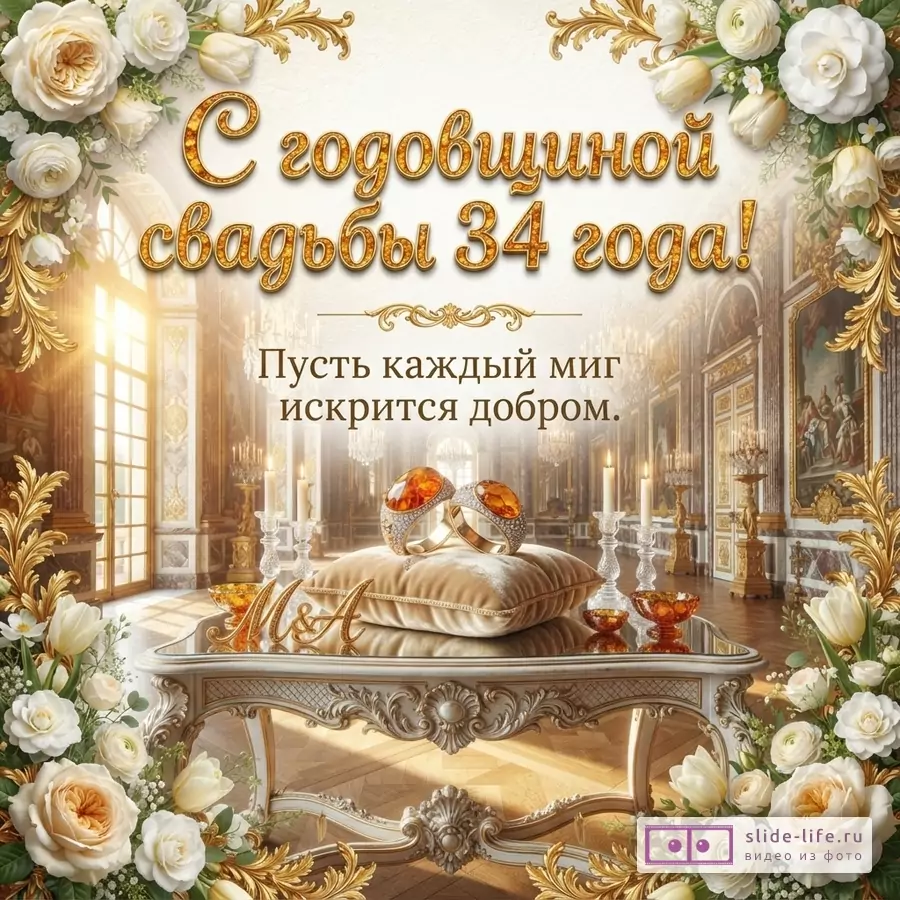 Бежевый фон, золотые рамки с цветами. В центре золотой текст «С годовщиной свадьбы 34 года! Пусть каждый миг искрится добром.». На переднем плане стол, на нем подушка с двумя кольцами.