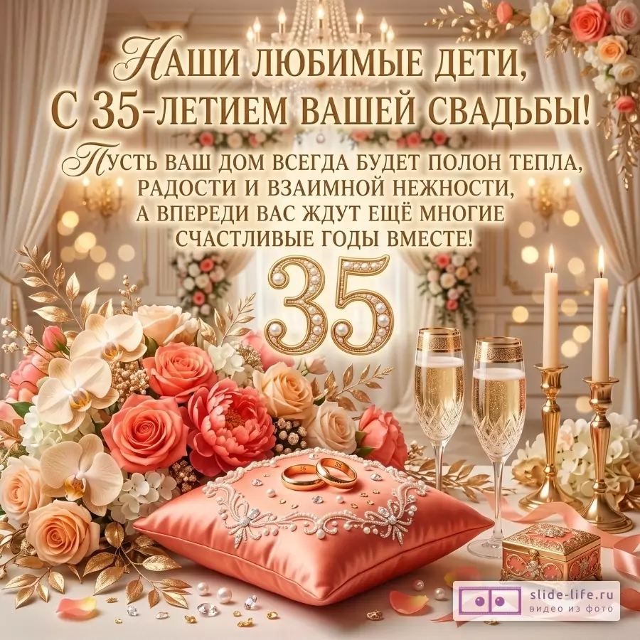 Бежево-золотая открытка с цветами, свечами, бокалами и кольцами. Текст: «Наши любимые дети, с 35-летием вашей свадьбы!»