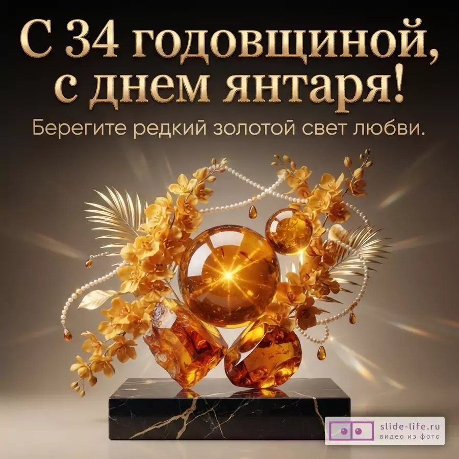 Темно-серый фон, золотые буквы, янтарные камни, золотые цветы, жемчужные бусы. Текст: «С 34 годовщиной, с днем янтаря! Берегите редкий золотой свет любви.»