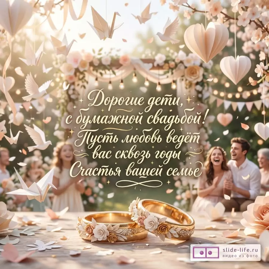 С бумажной свадьбой, дорогие дети! Душевная открытка от мамы и папы на 2 года брака