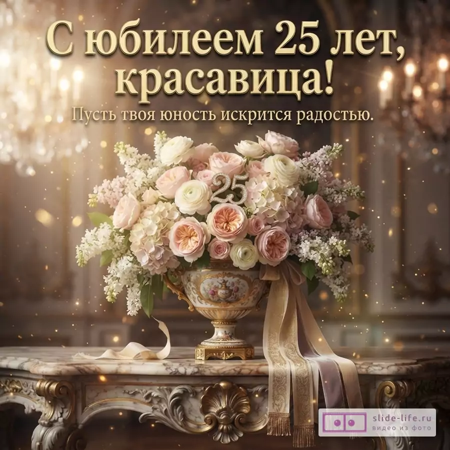 Пышный букет роз в старинной вазе на мраморном столе с текстом «С юбилеем 25 лет, красавица! Пусть твоя юность искрится радостью.»