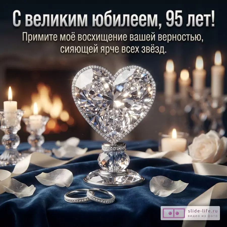 Хрустальная статуэтка в форме сердца, обручальные кольца, свечи и текст «С великим юбилеем, 95 лет! Примите моё восхищение вашей верностью, сияющей ярче всех звёзд.»
