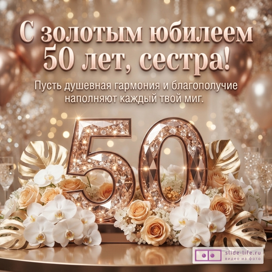 Фон бежевый с золотыми бликами, в центре надпись «С золотым юбилеем 50 лет, сестра! Пусть душевная гармония и благополучие наполняют каждый твой миг.», внизу крупные золотые цифры 50 с кристаллами, вокруг них белые орхидеи, персиковые розы и золотые листья монстеры.