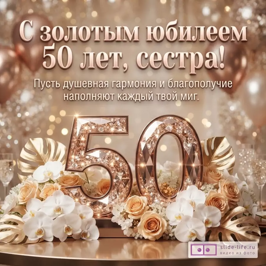 Фон бежевый с золотыми бликами, в центре надпись «С золотым юбилеем 50 лет, сестра! Пусть душевная гармония и благополучие наполняют каждый твой миг.», внизу крупные золотые цифры 50 с кристаллами, вокруг них белые орхидеи, персиковые розы и золотые листья монстеры.