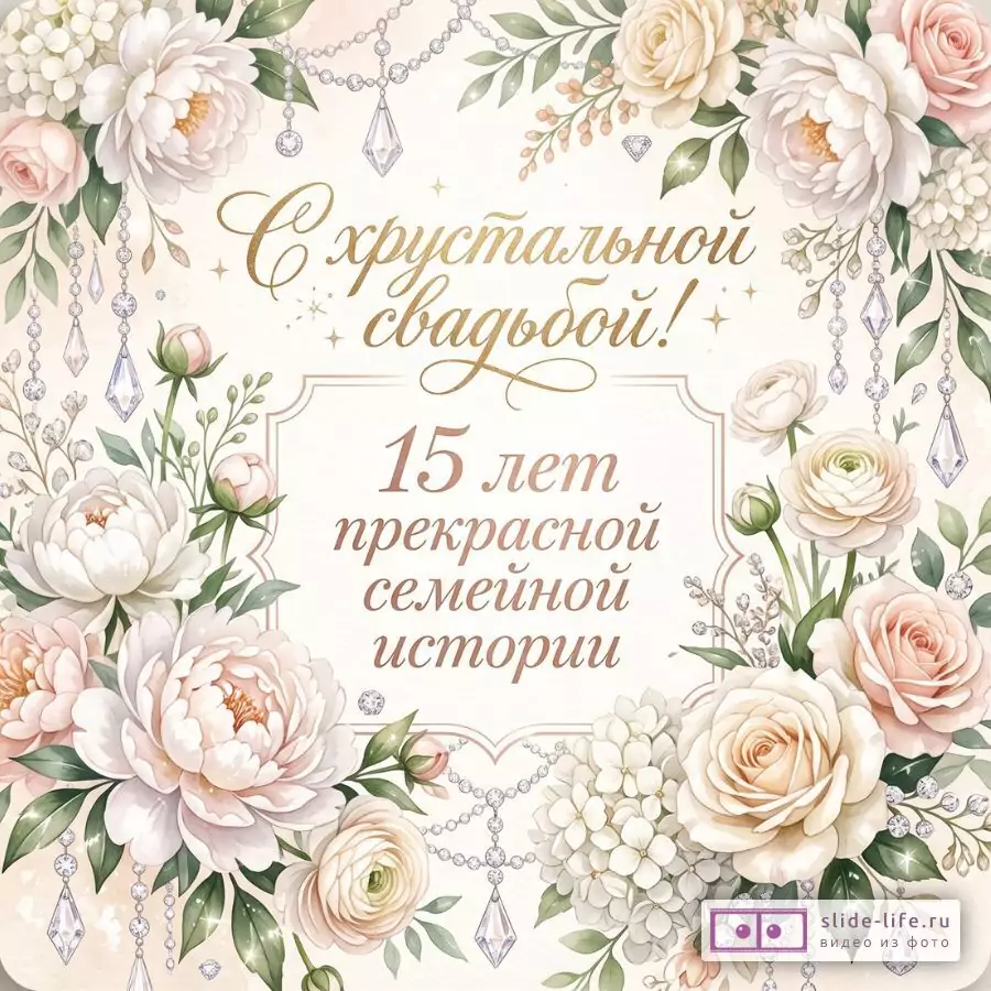 Хрустальная свадьба 15 лет — красивая картинка с поздравлением и пожеланиями