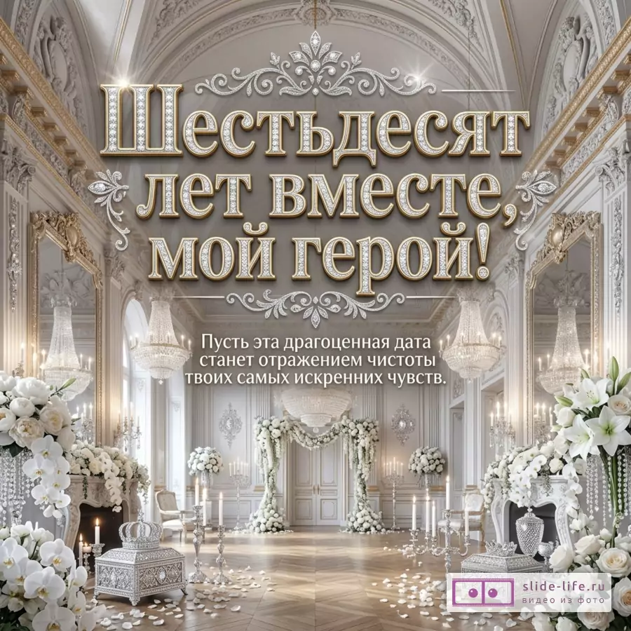Светлый дворцовый интерьер с люстрами, белыми цветами, свечами и свадебной аркой, крупная надпись «Шестьдесят лет вместе, мой герой! Пусть эта драгоценная дата станет отражением чистоты твоих самых искренних чувств.»