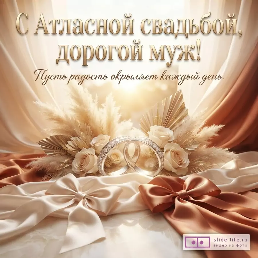 Драпировка из атласной ткани бежевого и терракотового оттенков с розами, пампасной травой и надписью «С Атласной свадьбой, дорогой муж! Пусть радость окрыляет каждый день.»