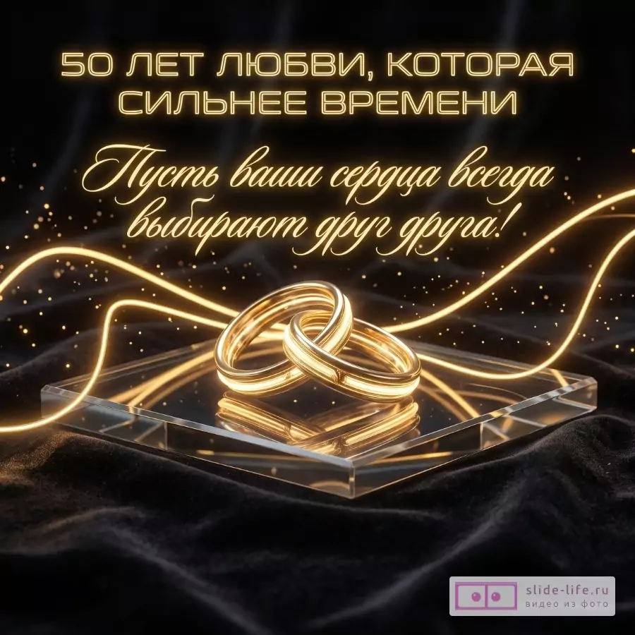 Черный фон с золотым свечением, два переплетенных золотых кольца на прозрачной подставке, световые линии и искры. Текст: «50 лет любви, которая сильнее времени», «Пусть ваши сердца всегда выбирают друг друга!»