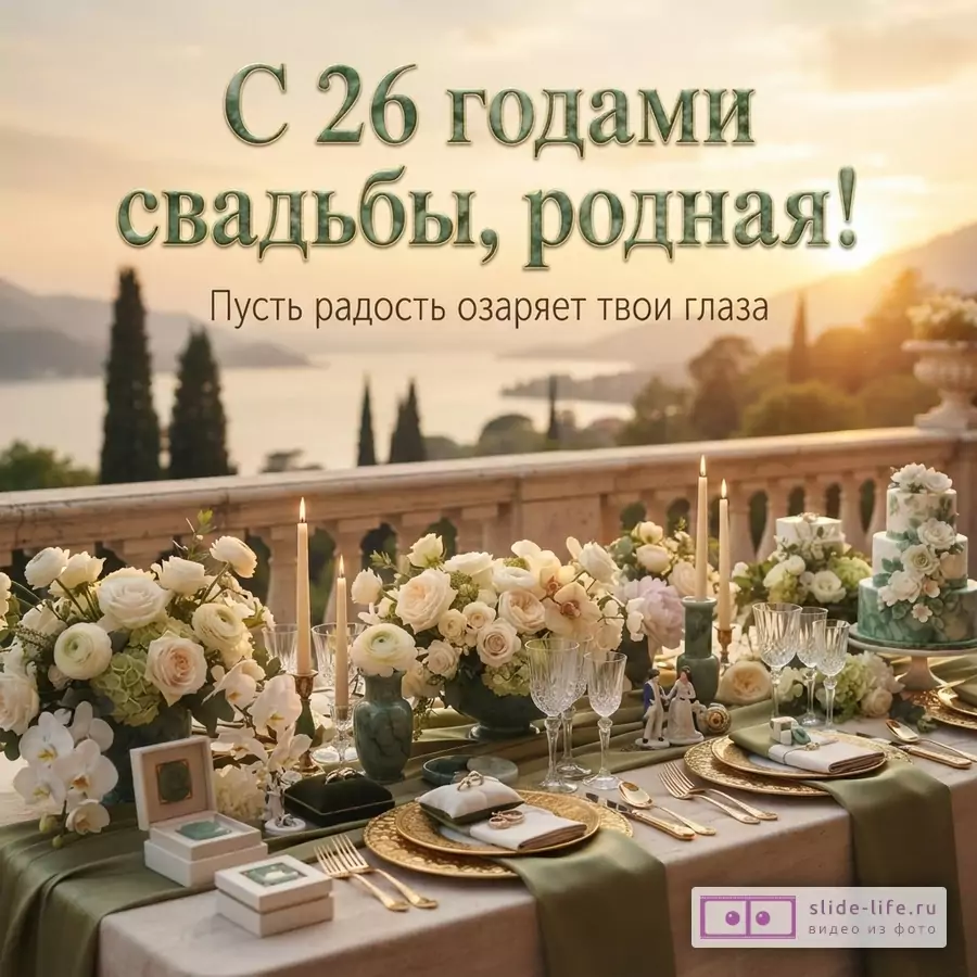 Бежевый фон, праздничный стол с цветами и свечами на террасе у воды, текст «С 26 годами свадьбы, родная! Пусть радость озаряет твои глаза»