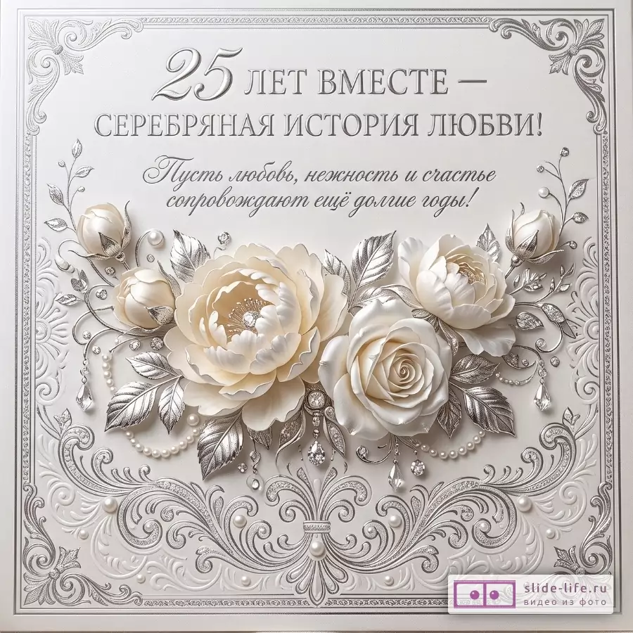 Серебристо-белая открытка с рельефным цветочным орнаментом и белыми розами; текст «25 лет вместе — серебряная история любви! Пусть любовь, нежность и счастье сопровождают ещё долгие годы!»