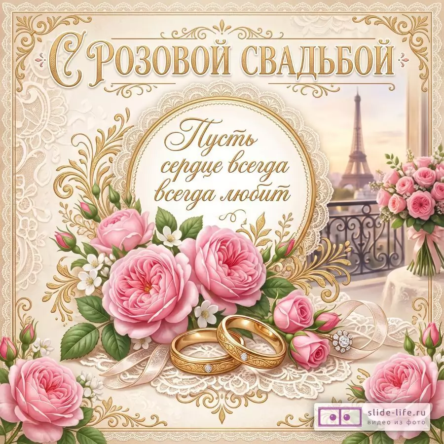 Бежево-кремовый фон с кружевным узором, золотым декором, розовыми розами, двумя обручальными кольцами и букетом; текст «С Розовой Свадьбой» и «Пусть сердце всегда всегда любит»