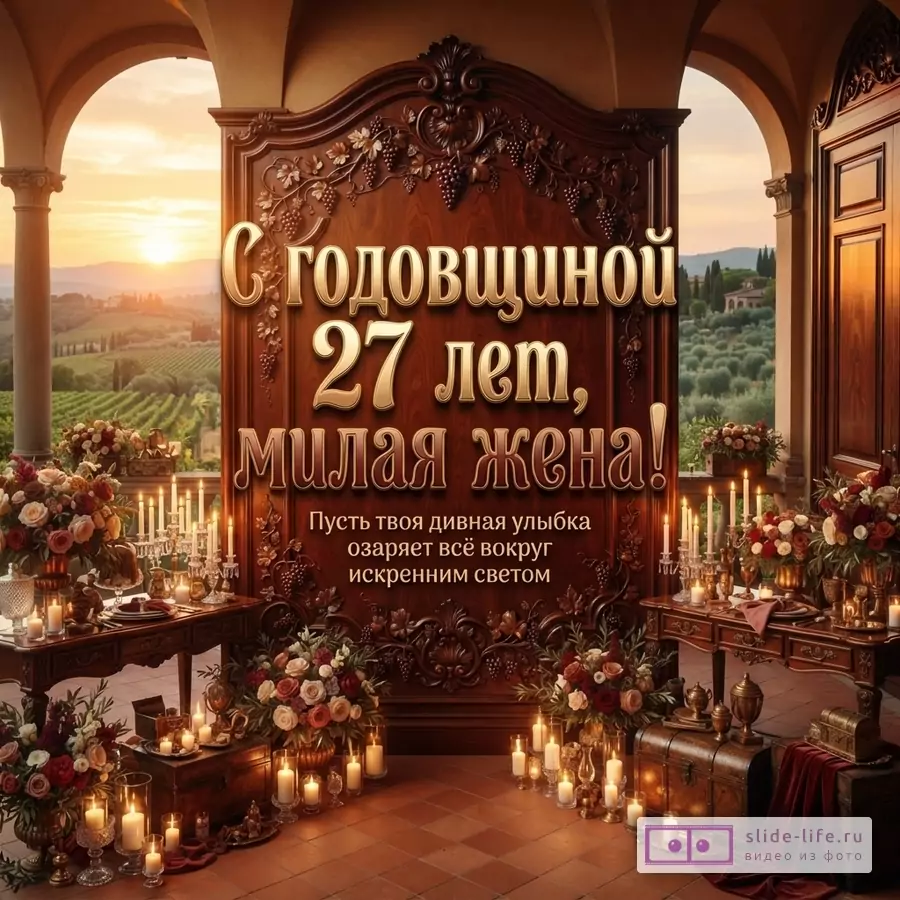Открытка с деревянной резной стеной, арками по бокам, видом на закат и виноградники. На переднем плане столы с цветами и свечами. Текст: «С годовщиной 27 лет, милая жена! Пусть твоя дивная улыбка озаряет всё вокруг искренним светом»