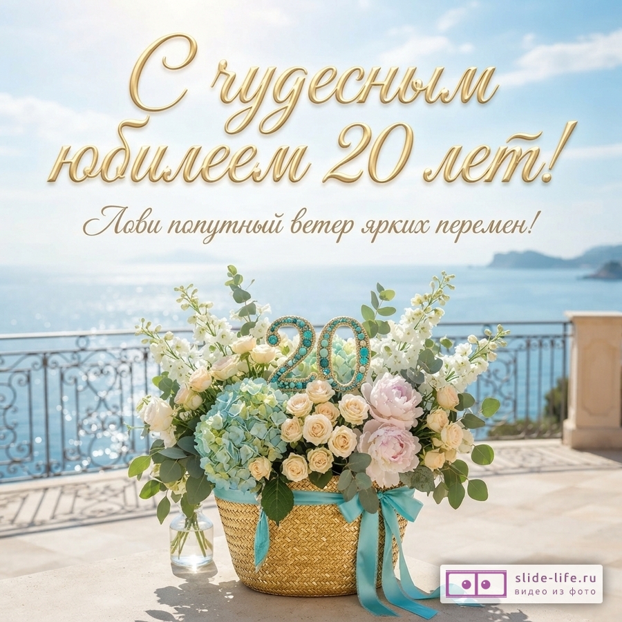 Открытка с видом на море, голубое небо. В центре корзина с цветами: гортензии, розы, пионы. В цветах цифры «20» бирюзового цвета. Текст: «С чудесным юбилеем 20 лет! Лови попутный ветер ярких перемен!»