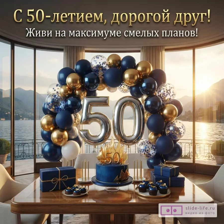 Фон с видом на озеро и горы, на переднем плане стол с праздничным тортом, кексами, подарками. Над столом арка из синих, золотых и прозрачных шаров с конфетти, в центре арки серебряные цифры «50». Текст сверху: «С 50-летием, дорогой друг! Живи на максимуме смелых планов!»