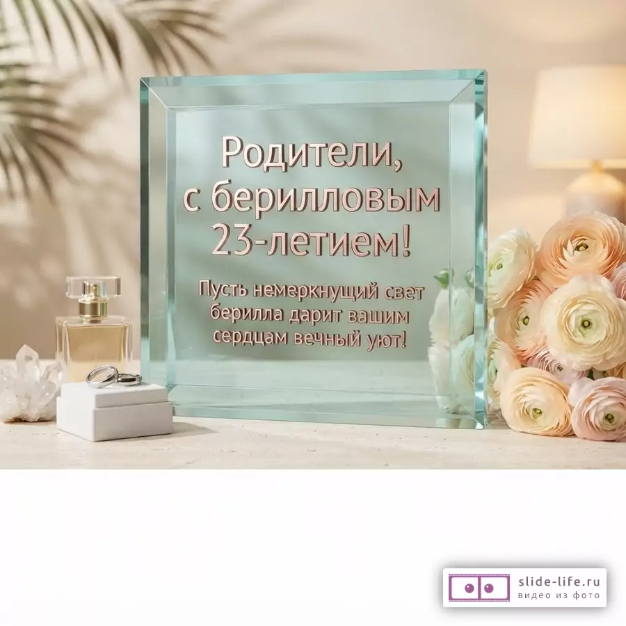 Стеклянная квадратная плакетка с надписью «Родители, с берилловым 23-летием! Пусть немеркнущий свет берилла дарит вашим сердцам вечный уют!» рядом с цветами, кольцами и флаконом духов.